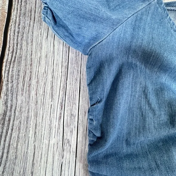 Iris Rouched Stretchy Med Blue Denim Dress On or Off Shoulder Size Large - Picture 6 of 9